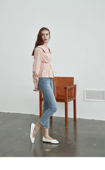 Linen Belted Blouse with Wide Collar and Long Puff Sleeves for Tailored Feminine Silhouette