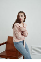Linen Belted Blouse with Wide Collar and Long Puff Sleeves for Tailored Feminine Silhouette