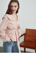 Linen Belted Blouse with Wide Collar and Long Puff Sleeves for Tailored Feminine Silhouette
