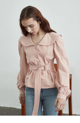 Linen Belted Blouse with Wide Collar and Long Puff Sleeves for Tailored Feminine Silhouette