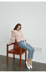 Linen Belted Blouse with Wide Collar and Long Puff Sleeves for Tailored Feminine Silhouette