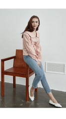Linen Belted Blouse with Wide Collar and Long Puff Sleeves for Tailored Feminine Silhouette