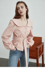 Linen Belted Blouse with Wide Collar and Long Puff Sleeves for Tailored Feminine Silhouette