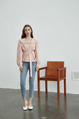 Linen Belted Blouse with Wide Collar and Long Puff Sleeves for Tailored Feminine Silhouette