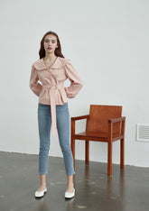 Linen Belted Blouse with Wide Collar and Long Puff Sleeves for Tailored Feminine Silhouette