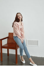 Linen Belted Blouse with Wide Collar and Long Puff Sleeves for Tailored Feminine Silhouette