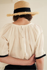 Puff Sleeve Button-Back Linen Blouse with Square Neckline and Adjustable Waist Tie