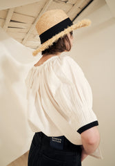 Puff Sleeve Button-Back Linen Blouse with Square Neckline and Adjustable Waist Tie