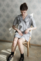 Women’s Linen Mini Dress with Puff Sleeves, Ruffle Collar, and Side Tie Wrap Detail