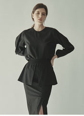 Structured Puff-Sleeve Linen Blouse With Cinched Waist And Round Neckline For Refined Styling