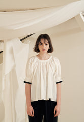 Puff Sleeve Button-Back Linen Blouse with Square Neckline and Adjustable Waist Tie