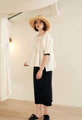 Puff Sleeve Button-Back Linen Blouse with Square Neckline and Adjustable Waist Tie