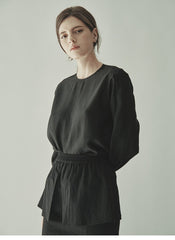 Structured Puff-Sleeve Linen Blouse With Cinched Waist And Round Neckline For Refined Styling