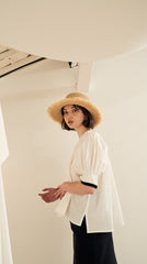 Puff Sleeve Button-Back Linen Blouse with Square Neckline and Adjustable Waist Tie