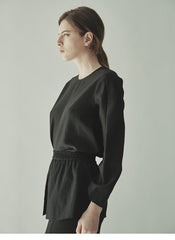 Structured Puff-Sleeve Linen Blouse With Cinched Waist And Round Neckline For Refined Styling