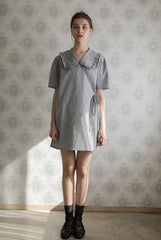 Women’s Linen Mini Dress with Puff Sleeves, Ruffle Collar, and Side Tie Wrap Detail