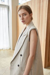 Tailored Sleeveless Double-Breasted Linen Blazer for Women with Structured Shoulder Design