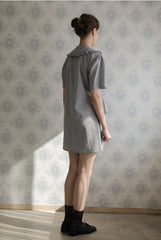 Women’s Linen Mini Dress with Puff Sleeves, Ruffle Collar, and Side Tie Wrap Detail