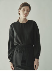 Structured Puff-Sleeve Linen Blouse With Cinched Waist And Round Neckline For Refined Styling
