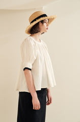 Puff Sleeve Button-Back Linen Blouse with Square Neckline and Adjustable Waist Tie