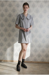 Women’s Linen Mini Dress with Puff Sleeves, Ruffle Collar, and Side Tie Wrap Detail