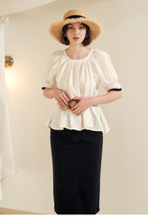 Puff Sleeve Button-Back Linen Blouse with Square Neckline and Adjustable Waist Tie