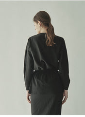 Structured Puff-Sleeve Linen Blouse With Cinched Waist And Round Neckline For Refined Styling