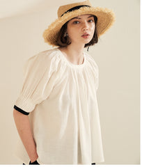 Puff Sleeve Button-Back Linen Blouse with Square Neckline and Adjustable Waist Tie