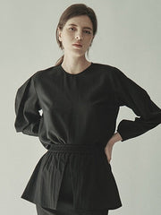 Structured Puff-Sleeve Linen Blouse With Cinched Waist And Round Neckline For Refined Styling