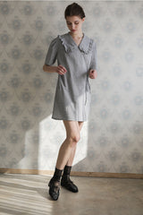 Women’s Linen Mini Dress with Puff Sleeves, Ruffle Collar, and Side Tie Wrap Detail