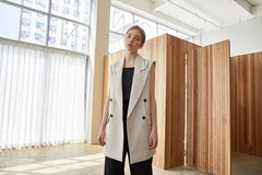 Tailored Sleeveless Double-Breasted Linen Blazer for Women with Structured Shoulder Design