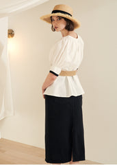 Puff Sleeve Button-Back Linen Blouse with Square Neckline and Adjustable Waist Tie