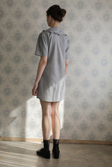 Women’s Linen Mini Dress with Puff Sleeves, Ruffle Collar, and Side Tie Wrap Detail