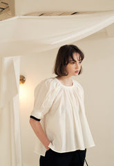 Puff Sleeve Button-Back Linen Blouse with Square Neckline and Adjustable Waist Tie