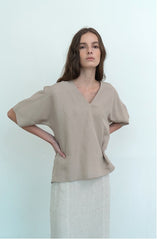 Relaxed-Fit V-Neck Linen Blouse With Elbow-Length Sleeves And Pleated Back Drape Detail