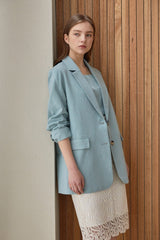 Tailored Long-Sleeve Linen Blazer With Notched Lapel And Front Flap Pockets For Women