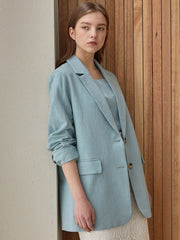 Tailored Long-Sleeve Linen Blazer With Notched Lapel And Front Flap Pockets For Women