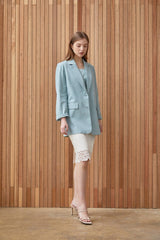 Tailored Long-Sleeve Linen Blazer With Notched Lapel And Front Flap Pockets For Women