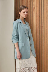 Tailored Long-Sleeve Linen Blazer With Notched Lapel And Front Flap Pockets For Women