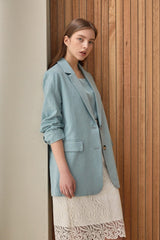 Tailored Long-Sleeve Linen Blazer With Notched Lapel And Front Flap Pockets For Women