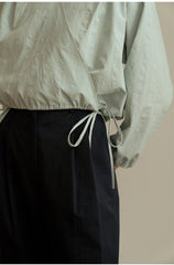 Women’s Linen Wrap Blouse with Adjustable Drawstring Waist and Long Puff Sleeves