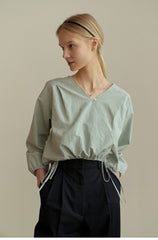 Women’s Linen Wrap Blouse with Adjustable Drawstring Waist and Long Puff Sleeves