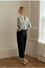 Women’s Linen Wrap Blouse with Adjustable Drawstring Waist and Long Puff Sleeves