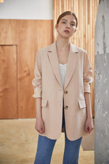 Tailored Longline Women's Linen Blazer with Notch Lapel and Flap Pockets for Work or Casual