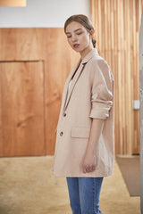 Tailored Longline Women's Linen Blazer with Notch Lapel and Flap Pockets for Work or Casual