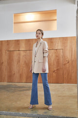 Tailored Longline Women's Linen Blazer with Notch Lapel and Flap Pockets for Work or Casual