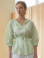 Tailored Women's Belted Blouse In Breathable Linen With Soft Pleats And 3/4 Sleeve Design