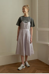 Spaghetti Strap Linen Midi Dress with Pleated Skirt and Side Pockets for Women