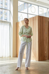 Tailored Women's Belted Blouse In Breathable Linen With Soft Pleats And 3/4 Sleeve Design