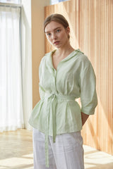Tailored Women's Belted Blouse In Breathable Linen With Soft Pleats And 3/4 Sleeve Design